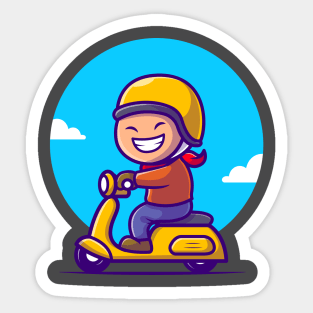 Cute Boy Riding Scooter Cartoon Sticker